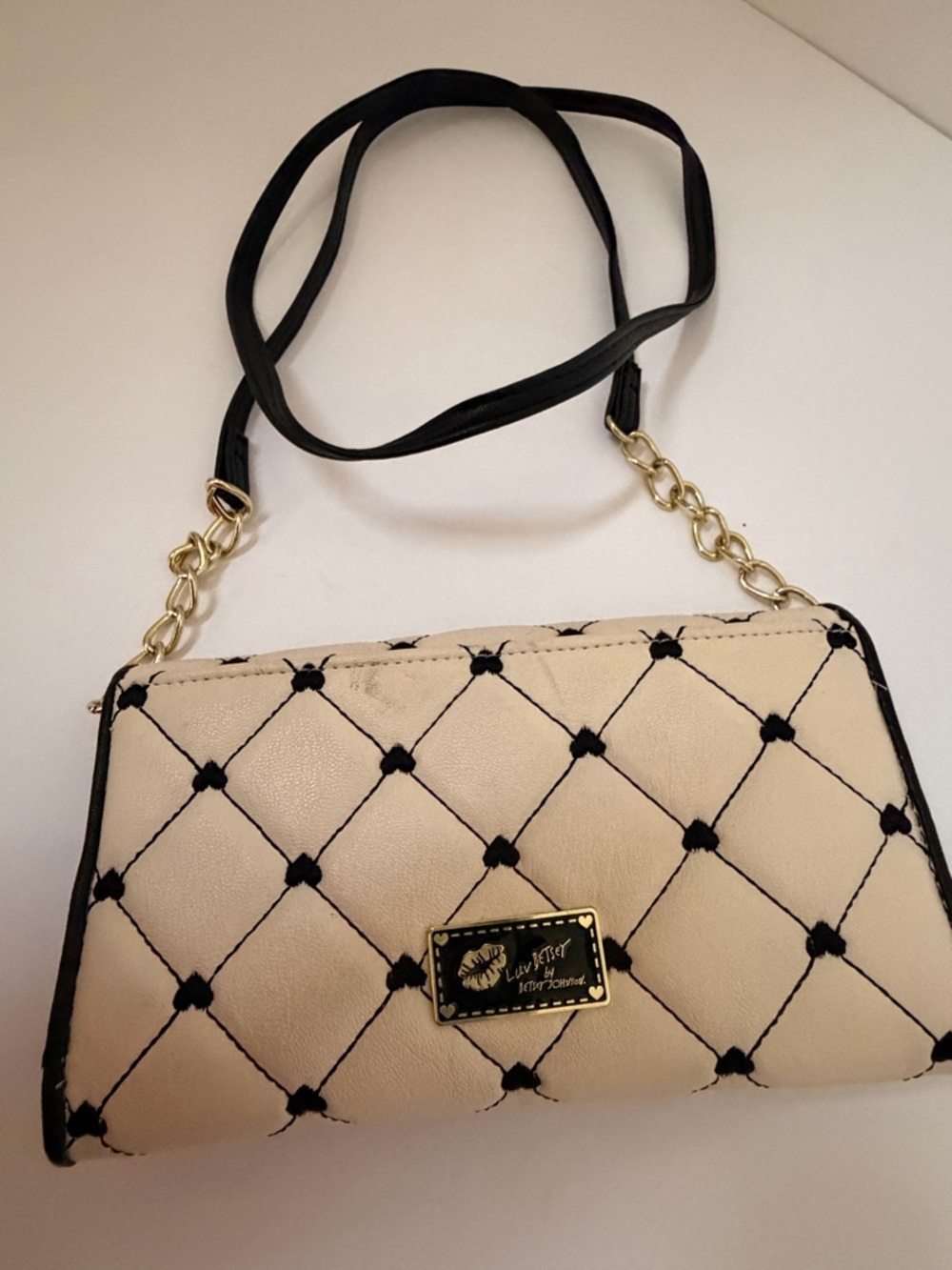 Betsey Johnson Cream Quilted Crossbody with Black Trim